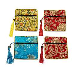 Chinese Brocade Tassel Zipper Jewelry Bag Gift Pouch, Square with Flower Pattern, Mixed Color, 11.5~11.8x11.5~11.8x0.4~0.5cm(ABAG-F005-01)