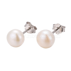 Pearl Ball Stud Earrings, with Sterling Silver Pin, Carved 925, Platinum, Creamy White, 6mm(EJEW-Q701-01A)