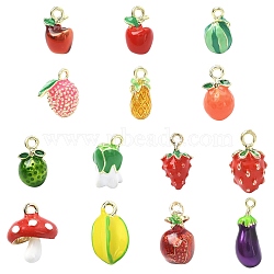 14Pcs 14 Styles Alloy Enamel Pendants, Golden, Fruits and Vegetables, Mixed Shapes, 12.5~19x6~12x7~9.5mm, Hole: 1.6~2mm, 1pc/style(FIND-CJ0005-23)