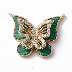 Synthetic Malachite Pendants, Long-Lasting Plated Brass Micro Pave Clear Cubic Zirconia Butterfly Charms, Real 18K Gold Plated, 19x25.5x6mm, Hole: 1mm(ZIRC-L048-68G-02)