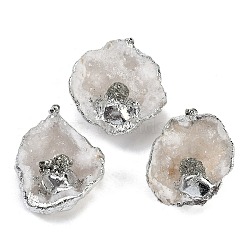 Natural Pyrite & Druzy Agate Geode Pendants, Flat Round Charms with Stainless Steel Findings, Stainless Steel Color, 45~54.5x36~48x13~21.5mm, Hole: 2x4.5mm(G-G162-02P-03)