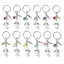 12Pcs 12 Colors Acrylic Imitation Pearl Keychians, with Iron Split Key Rings and Alloy Charms, Angel, Mixed Color, 8.2cm, 1pc/color(KEYC-JKC00891)