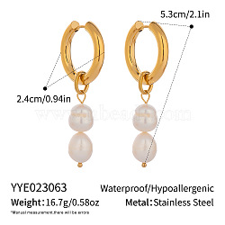 Stainless Steel Hoop Earrings, with Freshwater Pearl, Golden, Rice, 53x24mm(ZU9248-2)