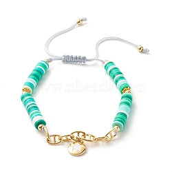 Handmade Disc Polymer Clay Braided Bead Bracelet, Brass Mariner Link Chains Bracelet, Flat Round with Star Enamel Charms Bracelet for Women, Golden, Medium Aquamarine, Inner Diameter: 2-3/8~3-1/2 inch(6~9cm) (BJEW-JB07407-02)