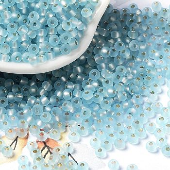 8/0 Glass Seed Beads, Frosted, Silver Lined, Round, Pale Turquoise, 3x2mm, Hole: 1mm