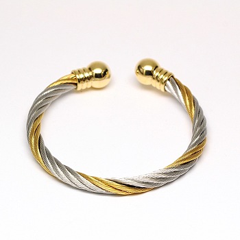 Trendy 304 Stainless Steel Torque Cuff Bangles, Cuff Bangles, with Metal Head Findings, Golden and Stainless Steel Color, 50mm