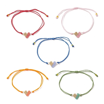 Handmade Japanese Seed Heart Link Bracelets, Adjustable Bracelet for Women, Mixed Color, Maximum Inner Diameter: 4-3/8 inch(11cm)