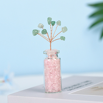 Natural Rose Quartz & Green Aventurine Wishing Bottle Display Decoration, with Brass Wire, for Home Desk Decorations, Tree of Life, 22x50mm