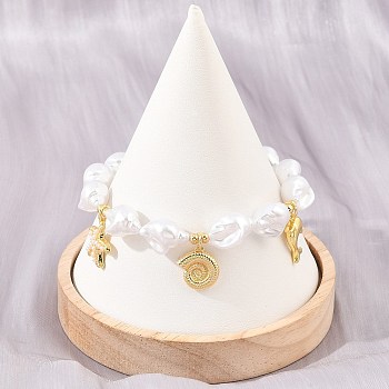 Ocean Brass Starfish Dolphin Charm Bracelets for Women, White ABS Imitation Keishi Pearl Beaded Bracelets, Rack Plating, Long-Lasting Plated, Cadmium Free & Lead Free, Real 18K Gold Plated, 7.76 inch(19.7cm)
