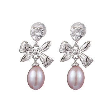 Natural Pearl Ear Studs, with Sterling Silver Micro Pave Clear Cubic Zirconia Findings, Bowknot, Platinum, 20x11mm