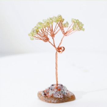 Natural Peridot Tree of Life Feng Shui Ornaments, Home Display Decorations, with Agate Slice, 40x35x80mm