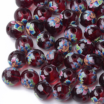 Printed & Spray Painted Transparent Glass Beads, Round with Flower Pattern, Dark Red, 8~8.5x7.5mm, Hole: 1.4mm