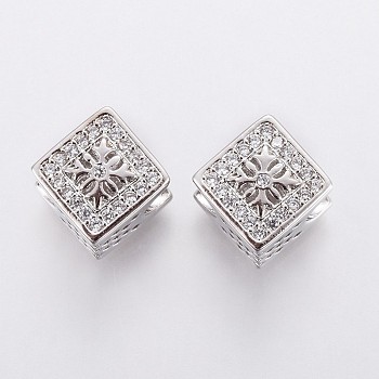 Brass Micro Pave Cubic Zirconia European Beads, Large Hole Beads, Rhombus, Clear, Platinum, 11.5x11.5x8mm, Hole: 4.5mm