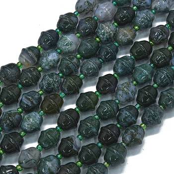 Natural Moss Agate Beads Strands, Bell, with Seed Beads, 11x10mm, Hole: 1.4mm, about 31pcs/strand, 15.35''(39cm)