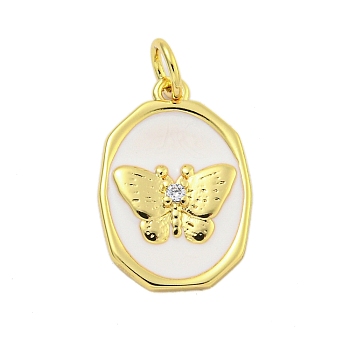 Rack Plating Brass Enamel Pendants, with Jump Ring, Cadmium Free & Lead Free, Long-Lasting Plated, Real 18K Gold Plated, Oval with Butterfly Charm, White, 18x12x2.5mm, Hole: 3mm