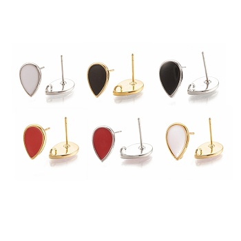 Brass Stud Earring Findings, with Enamel and Loop, Teardrop, Mixed Color, 12x8mm, Hole: 1.2mm, Pin: 0.7mm