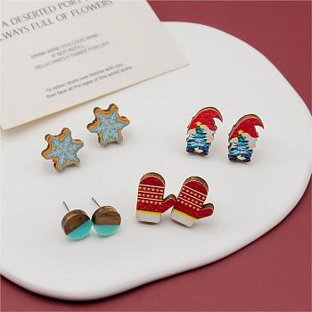 4 Pairs Snowflake & Glove & Christmas Gnome Printed Wood Stud Earrings, Flat Round Wood & Resin Earring, Mixed Color, 16~17x10~17mm