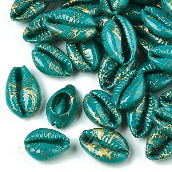 Spray Painted Natural Cowrie Shell Beads, Drawbench, No Hole/Undrilled, Sea Green, 18~21x12~15x7mm