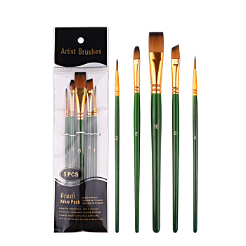 Painting Brush Set, Nylon Brush Head with Wooden Handle and Gold Plated Aluminium Tube, for Watercolor Painting Artist Professional Painting, Olive Drab, 18~20.5cm, 5pcs/set