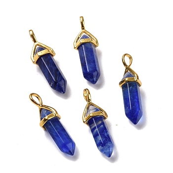 Blue Watermelon Stone Glass Pendants, Faceted, with Golden Tone Brass Findings, Lead free & Cadmium Free, Bullet, 27~30x9~10x7~8mm, Hole: 4x3mm