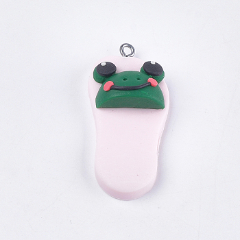 Handmade Polymer Clay Pendants, with Iron Findings, Slipper with Frog, Platinum, Misty Rose, 42~43x19~20x11~14mm, Hole: 1.5mm