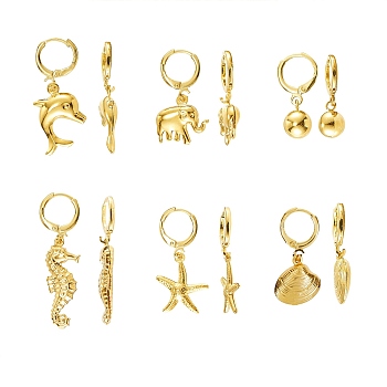 Ocean Theme Brass Huggie Hoop Earring, with 304 Stainless Steel Pendants, Mixed Shapes, Golden, 6pairs/box