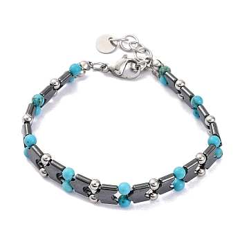 Synthetic Turquoise Beaded Bracelets, Synthetic Magnetic Hematite Tile Bracelet, 9-1/8 inch(23cm)