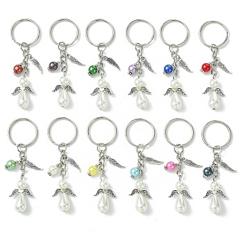 12Pcs 12 Colors Acrylic Imitation Pearl Keychians, with Iron Split Key Rings and Alloy Charms, Angel, Mixed Color, 8.2cm, 1pc/color