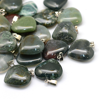 Heart Natural Indian Agate Pendants, with Platinum Tone Brass Findings, 20~22x20~21x5~8mm, Hole: 2x7mm
