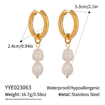 Stainless Steel Hoop Earrings, with Freshwater Pearl, Golden, Rice, 53x24mm