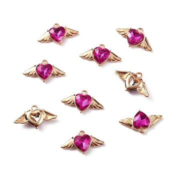 Zinc Alloy Rhinestone Pendants, Heart Charms with Wings, Golden, Fuchsia, 13.5x24.5x5mm, Hole: 1.8mm