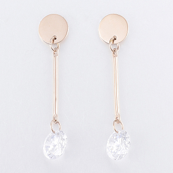 304 Stainless Steel Stud Earrings, with Cubic Zirconia, Rose Gold, 49x10x6mm, Pin: 0.8mm