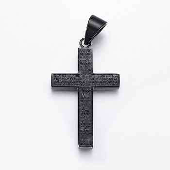 304 Stainless Steel Quote Pendants, Cross with Word, Gunmetal, 47x28x4mm, Hole: 8x11mm