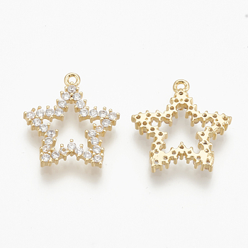 Brass Micro Pave Cubic Zirconia Charms, Star, Nickel Free, Real 18K Gold Plated, 14x14x2mm, Hole: 1mm