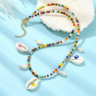 Natural Shell Evil Eye & Pearl Bib Necklace with Glass Seed Beaded Chains(NJEW-TA00104)-5