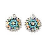 Bohemia Tibetan Style Alloy & Enamel & Rhinestone Pendants, Flat Round Charms, Antique Silver, Colorful, 25x22x3.5mm, Hole: 1.9mm(FIND-T074-07AS)