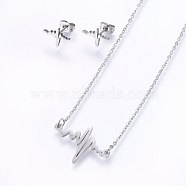 304 Stainless Steel Jewelry Sets, Stud Earrings and Pendant Necklaces, Heartbeat, Stainless Steel Color, Necklace: 18.9 inches(48cm), Stud Earrings: 9x12x1.2mm, Pin: 0.8mm(SJEW-O090-01P)
