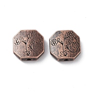 Tibetan Style Alloy Beads, Cadmium Free & Lead Free, Hexagon with Flower, Red Copper, 11x11x3.5mm, Hole: 1.4mm(FIND-Q094-32R)