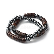 Synthetic Hematite Beads Stretch Bracelets Sets for Men Women, Dyed Donut Coconut Beads Bracelet, Black, Inner Diameter: 2-1/4~2-3/8 inch(5.7~6cm), 2pcs/set(BJEW-JB06768)