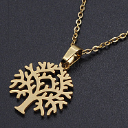 201 Stainless Steel Pendant Necklaces, with Cable Chains and Lobster Claw Clasps, Tree, Golden, 17.7 inch(45cm), 1.5mm(NJEW-S105-JN537-45-2)