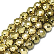 Electroplate Non-magnetic Synthetic Hematite Beads Strands, Round, Faceted, Real 18K Gold Plated, 6mm, Hole: 0.8mm, about 65pcs/Strand, 15.75 inch(40cm)(X-G-S352-44C-01)