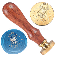 Wax Seal Stamp Set, 1Pc Golden Tone Sealing Wax Stamp Solid Brass Head, with 1Pc Wood Handle, for Envelopes Invitations, Gift Card, Jellyfish, 83x22mm, Stamps: 25x14.5mm(AJEW-WH0208-1103)