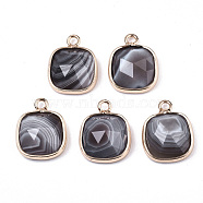 Natural Botswana Agate Charms, with Light Gold Plated Brass Edge and Loop, Square, Faceted, 14x11x5mm, Hole: 1.6mm(G-N326-46A)