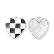 Alloy Enamel Pendants, Heart with Tartan Charm, Platinum, Black, 18x16x1.7mm, Hole: 1.6mm(PALLOY-D015-06)
