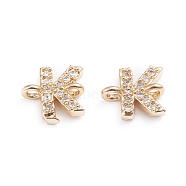 Brass Micro Pave Cubic Zirconia Links Connectors, Long-Lasting Plated, Letter, Clear, Real 18K Gold Plated, Letter.K, 7.8x8x2.8mm, Hole: 1.2mm(ZIRC-I042-16G-K)