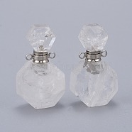 Faceted Natural Quartz Crystal Openable Perfume Bottle Pendants, Rock Crystal, with 304 Stainless Steel Findings, Stainless Steel Color, 34~36x20~22x12~13mm, Hole: 1.8mm, Bottle Capacity: 1ml(0.034 fl. oz)(G-I287-06P-A)