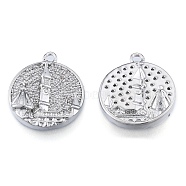 Brass Micro Pave Clear Cubic Zirconia Pendants, Cadmium Free & Nickel Free & Lead Free, Flat Round with City, Real Platinum Plated, 17.5x15x3mm, Hole: 1.6mm(KK-N216-566P)