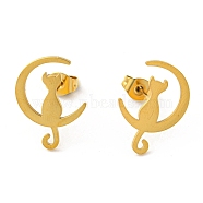 304 Stainless Steel Stud Earrings for Women, Moon with Cat, Golden, 17.5x13mm(EJEW-F320-03G)