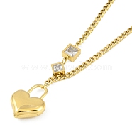 Ion Plating(IP) 304 Stainless Steel Pave Clear Cubic Zirconia Heart Lock Pendant Necklaces for Women, Golden, 16.34 inch(41.5cm)(NJEW-K276-25G)