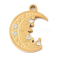 304 Stainless Steel Rhinestone Pendants, Golden, Ion Plating(IP), Moon with Star Charms, 17.5x13x2.5mm, Hole: 1.6mm(RB-CBAB4B7-01E-G)